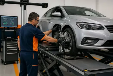 Mecânico ajustando alinhamento de rodas em um carro.