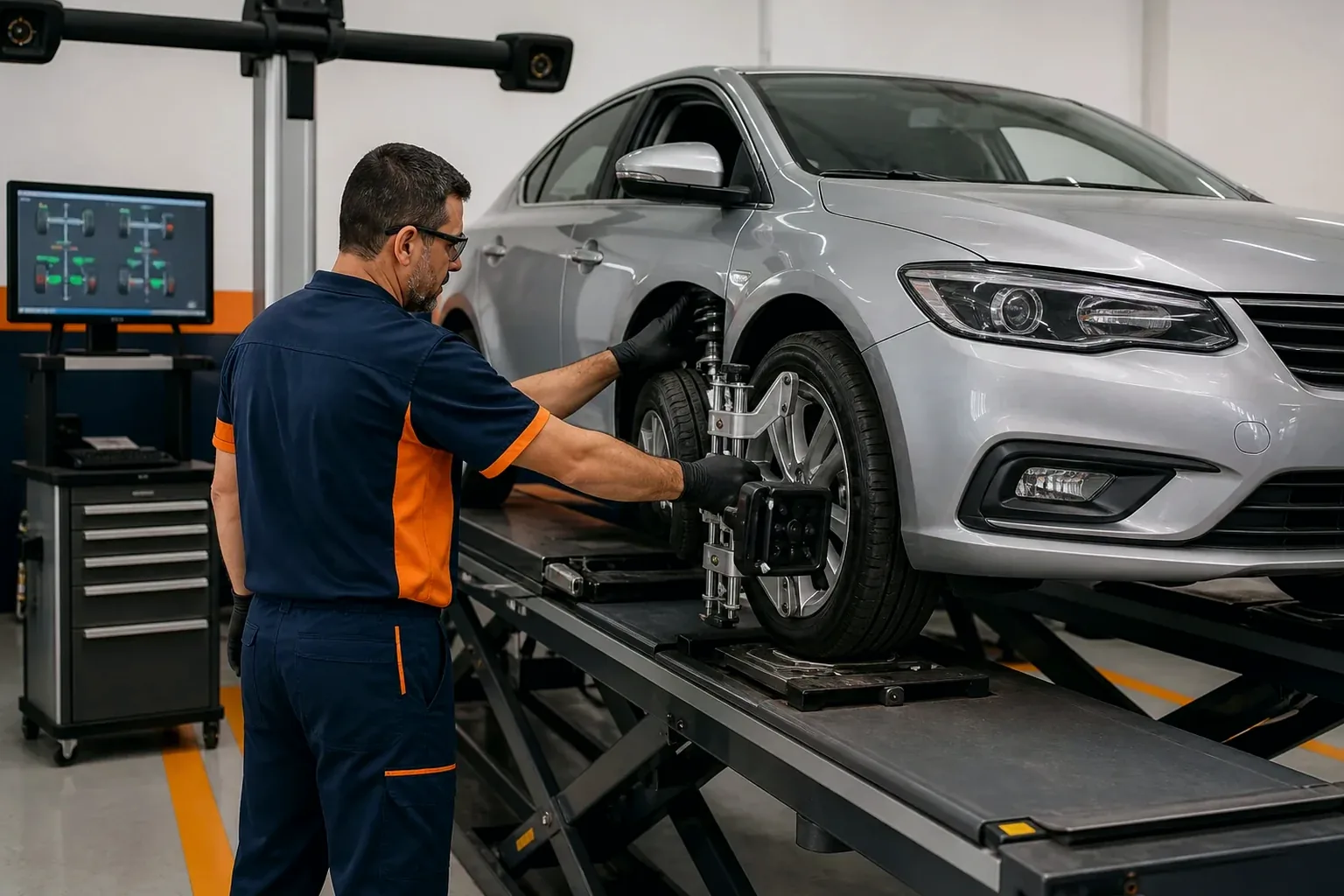 Mecânico ajustando alinhamento de rodas em um carro.