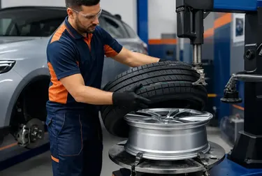 Mecânico realizando troca de pneus em um carro na borracharia.