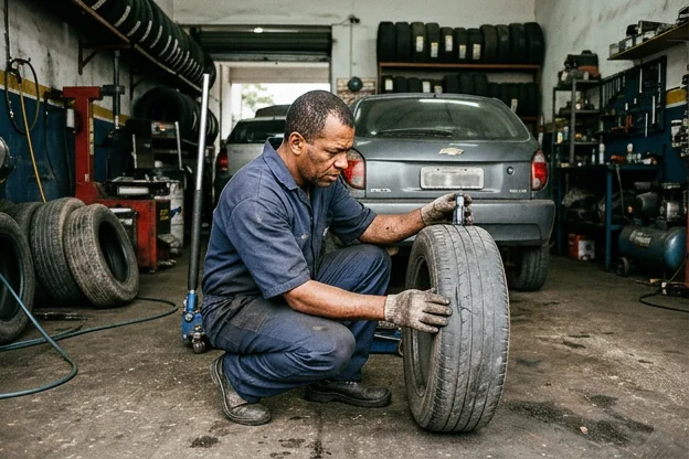Profissional verificando o estado de pneus de carro.