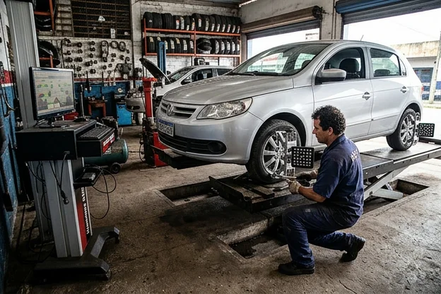Técnico ajustando alinhamento de rodas de carro na borracharia.