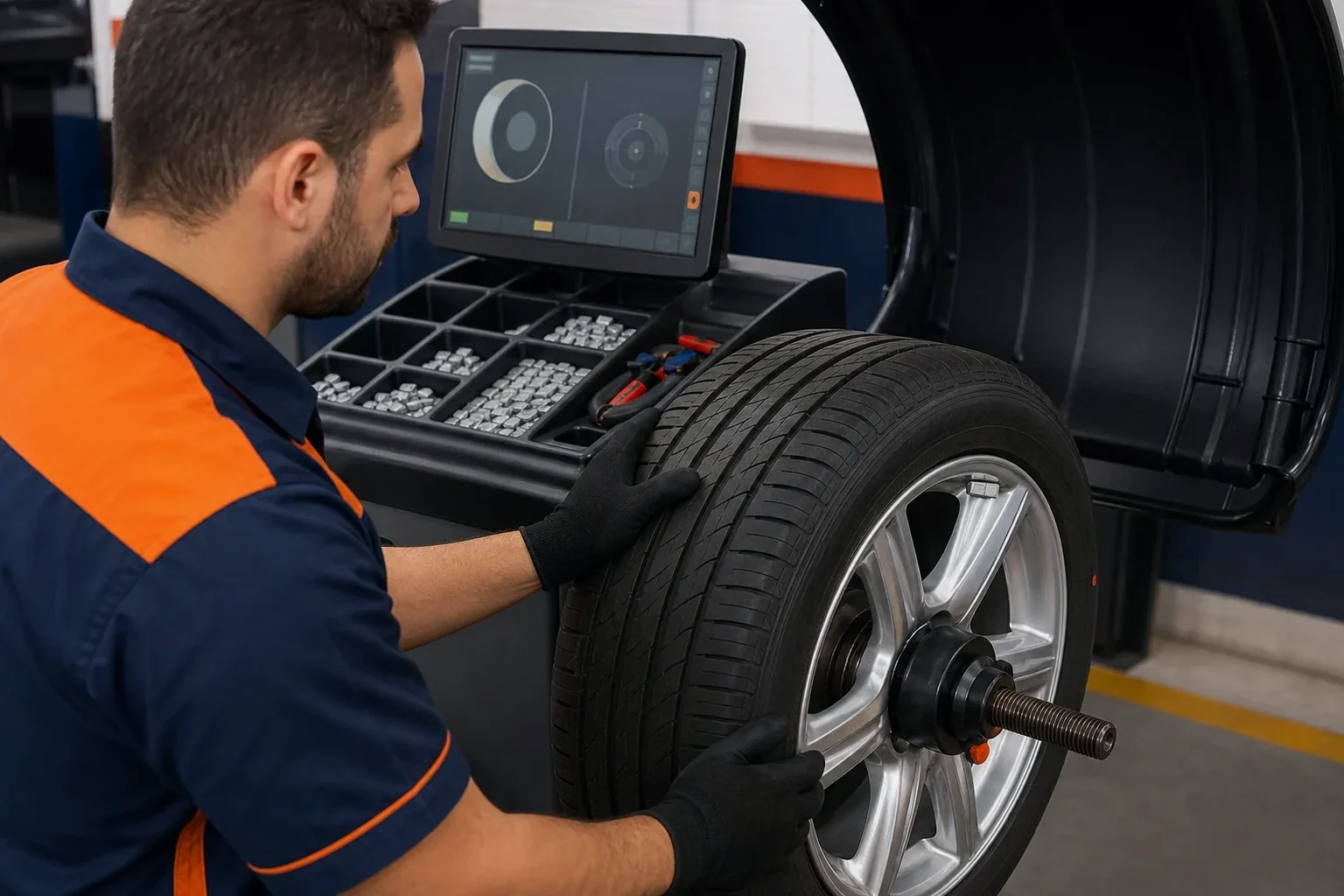 Técnico realizando balanceamento em rodas de um carro.