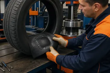 Técnico realizando vulcanização de pneus na borracharia.